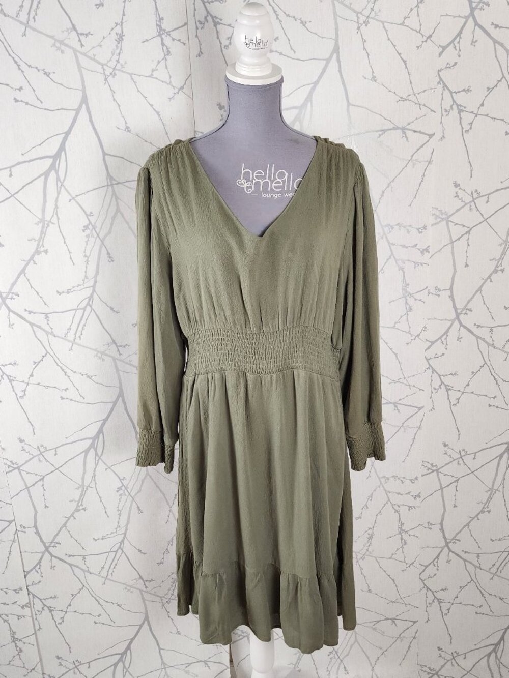 Mikarose Sage Green V-Neck Smocked Waist Peplum Midi Dress